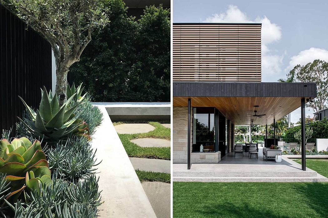 Sleek modern patio with wood-slatted roof, stone walls, and lush landscaping.