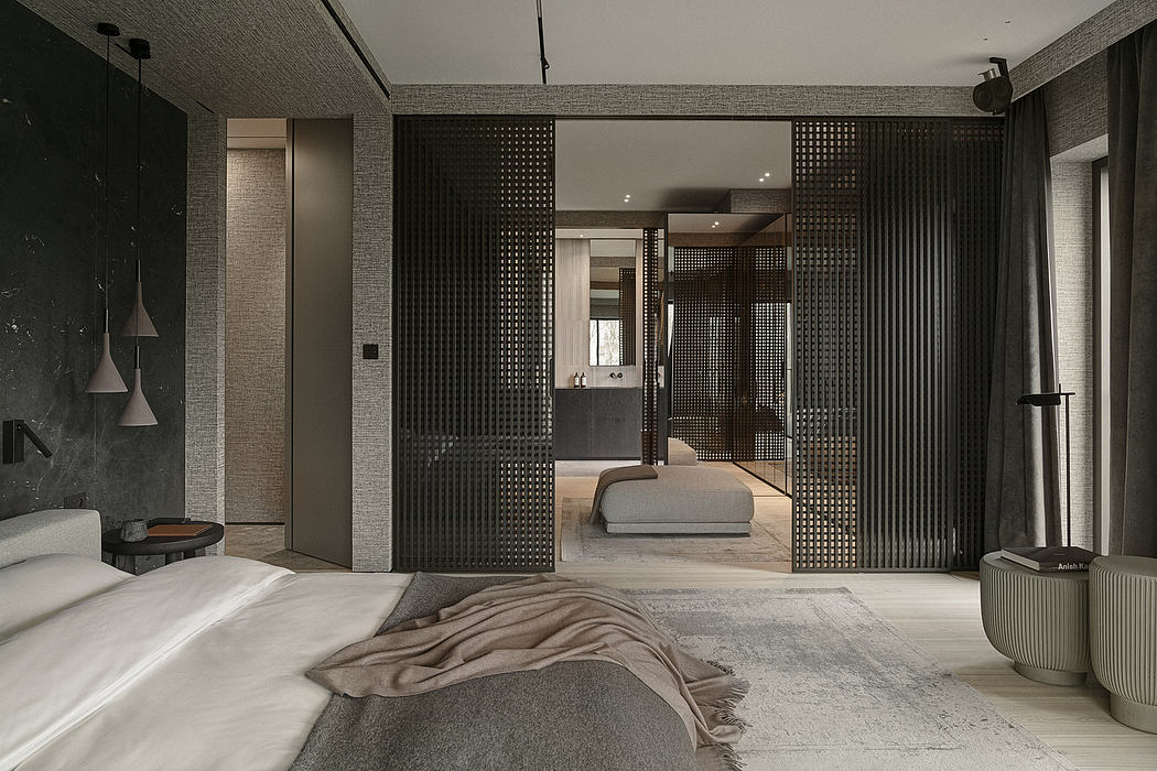 Minimalist bedroom interior with textured grey walls, perforated metal partitions, and modern lighting.