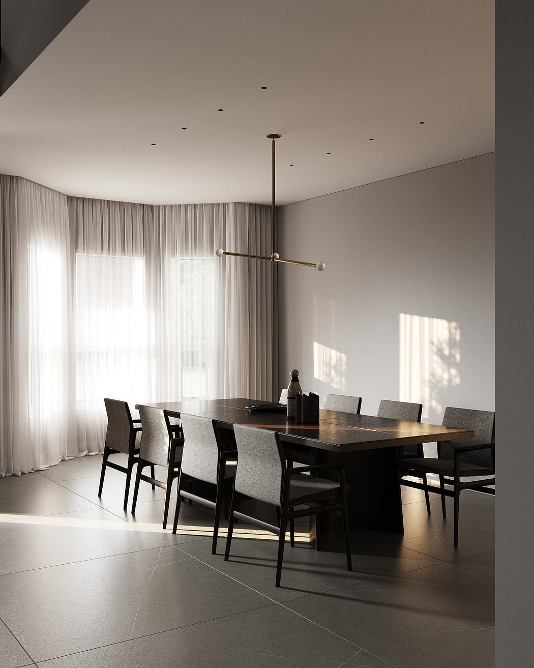 Modern dining room with minimalist lighting fixtures, curtained windows, and a long wooden table.