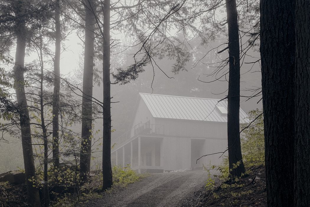 A foggy scene reveals a modern cabin nestled amidst towering trees in the forest.