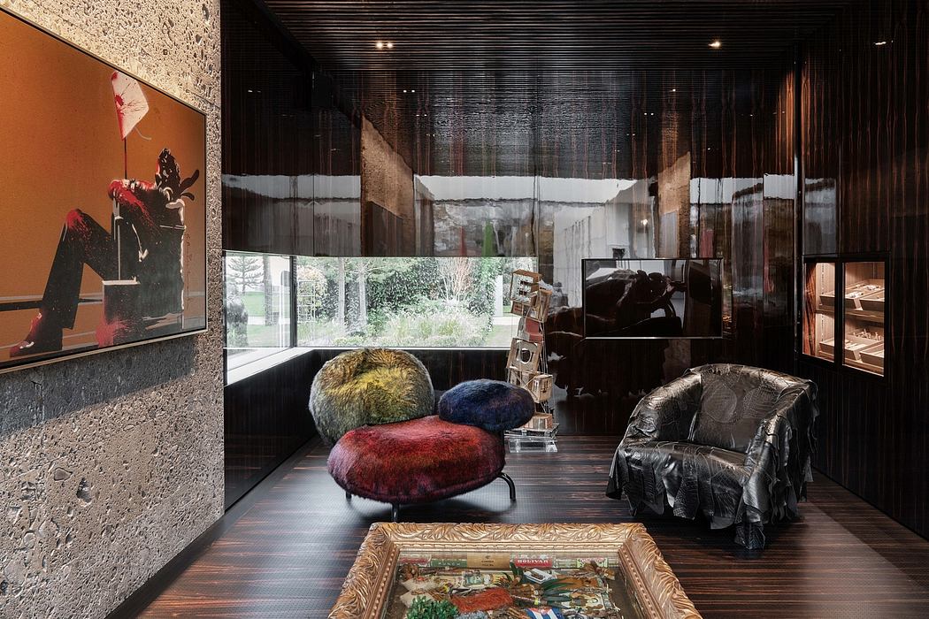 Vibrant, textured decor with striking artwork, colorful cushions, and sleek furnishings.