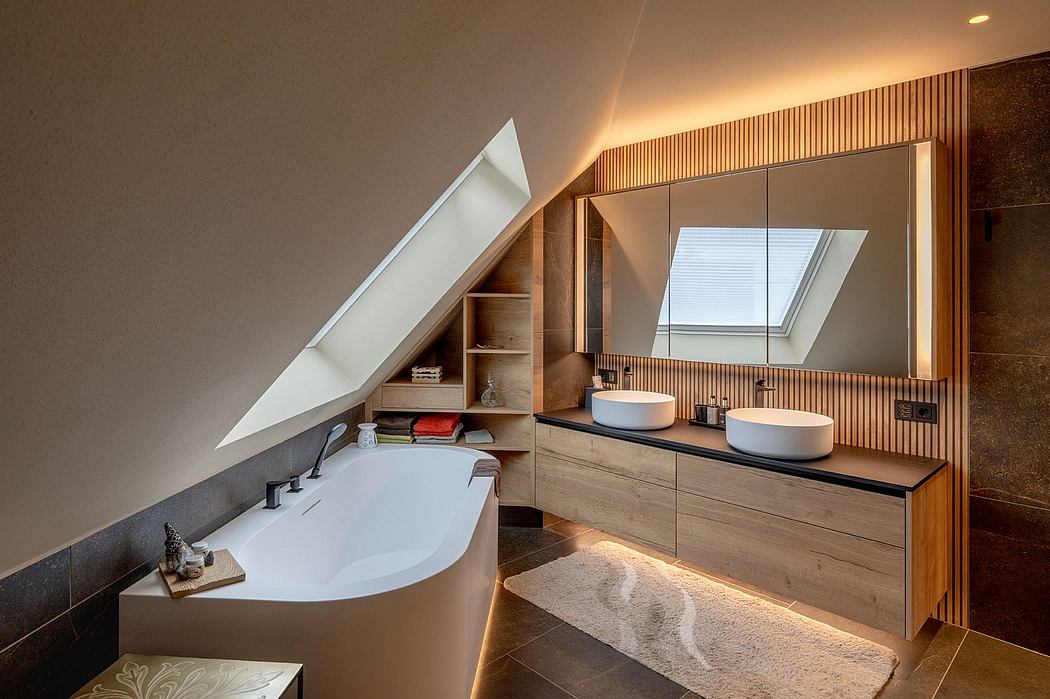 A modern, well-designed bathroom with a freestanding tub, dual vanity, and built-in shelving.