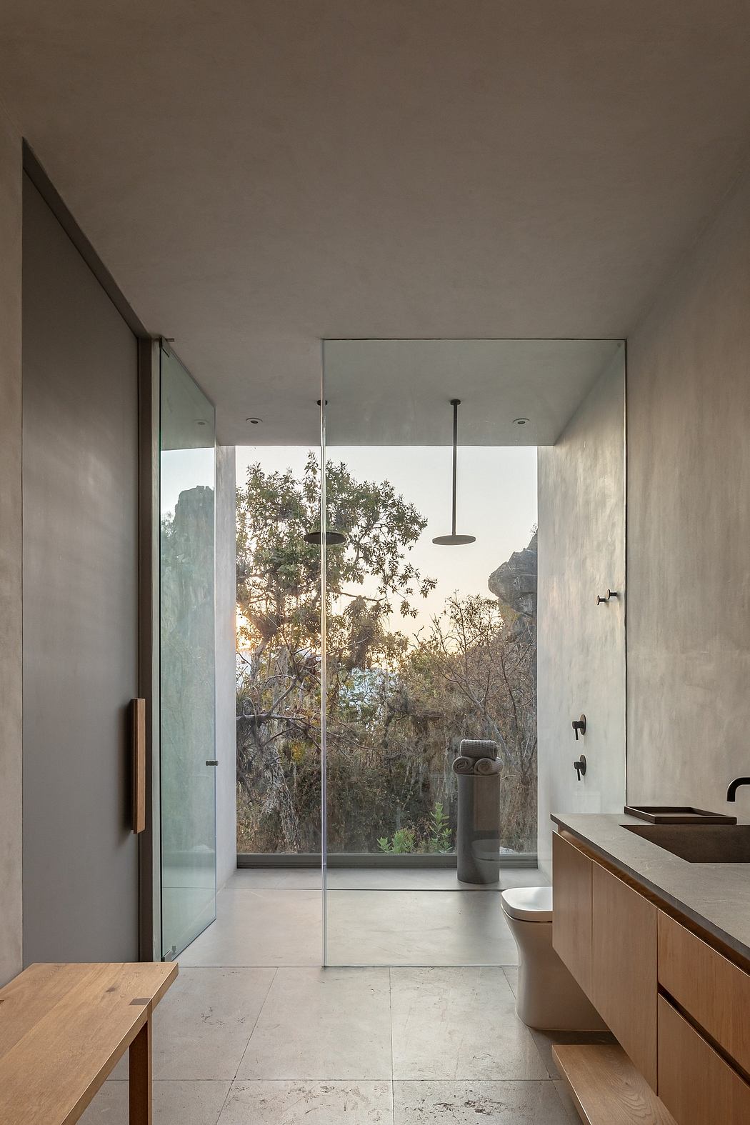 Sleek, modern bathroom with floor-to-ceiling glass offering scenic woodland view.