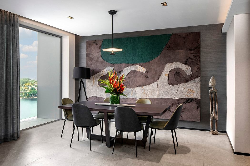Sleek modern dining area with bold textured wall, pendant lighting, and nature-inspired decor.