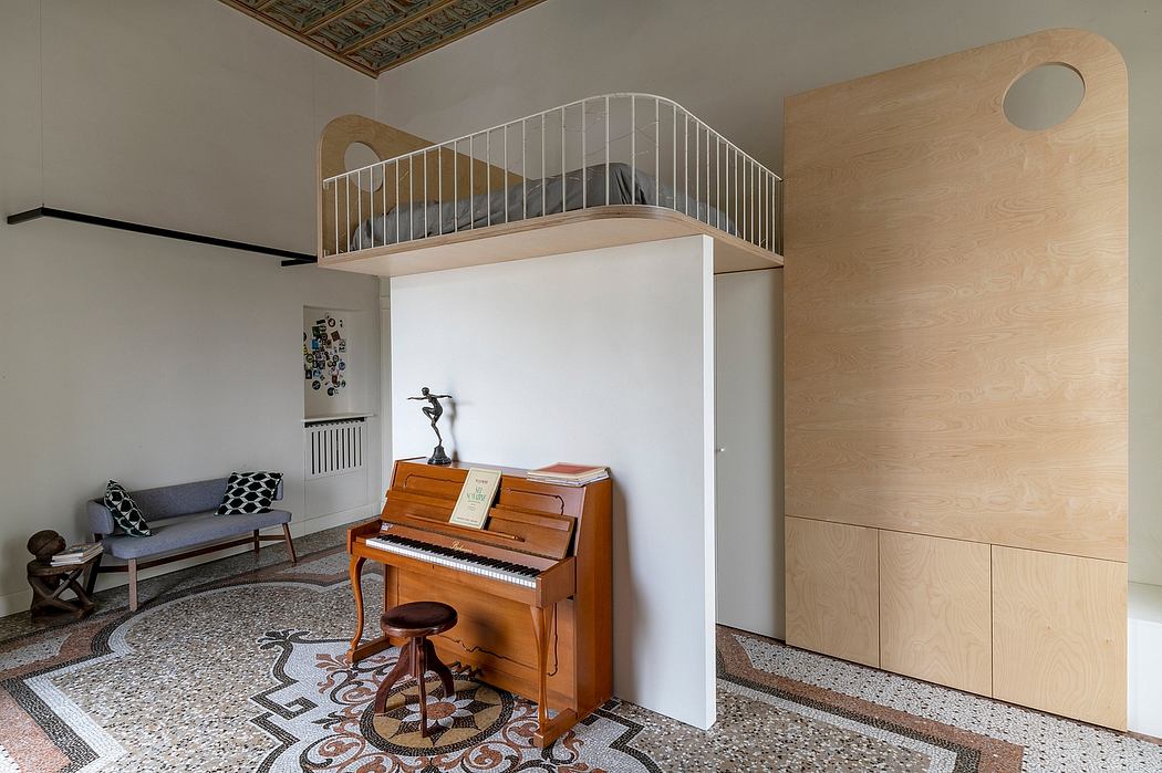 Ornate ceiling, modern furniture, and grand piano create a unique interior space.