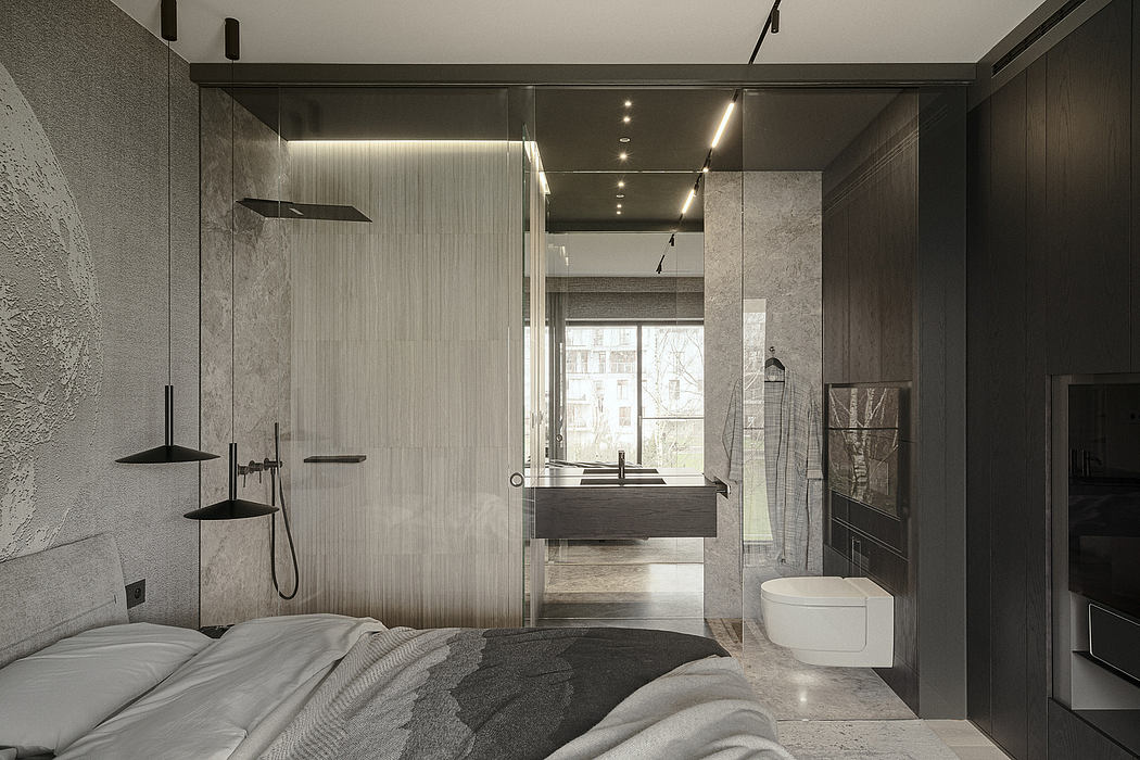 Sleek, modern bathroom with glass partition, minimalist design, and natural-toned finishes.