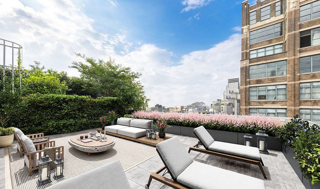 Elegant rooftop terrace with modern furnishings, lush plantings, and cityscape views.
