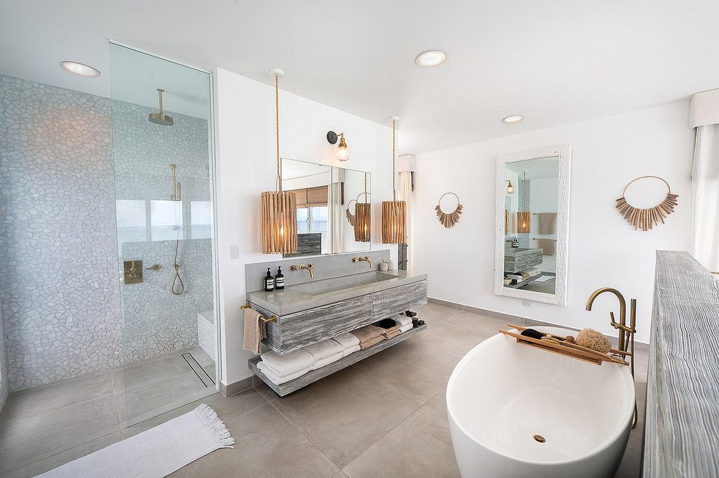 Minimalist bathroom design with floating vanity, glass shower enclosure, and modern lighting.