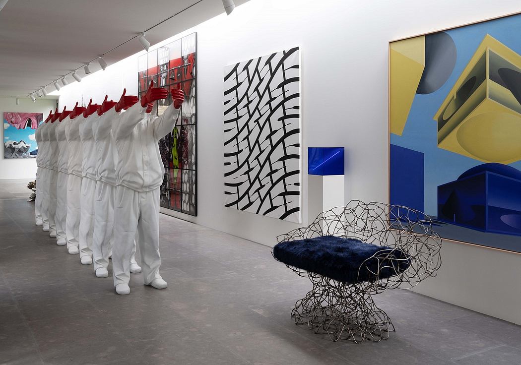 Vibrant modern art gallery with striking architectural elements and abstract sculptures.