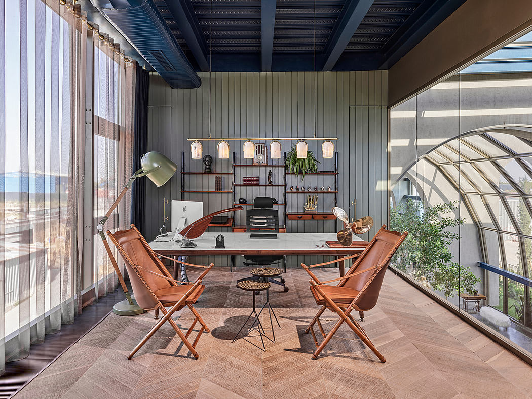 Rustic industrial office space with wooden furniture, metal accents, and lush greenery.
