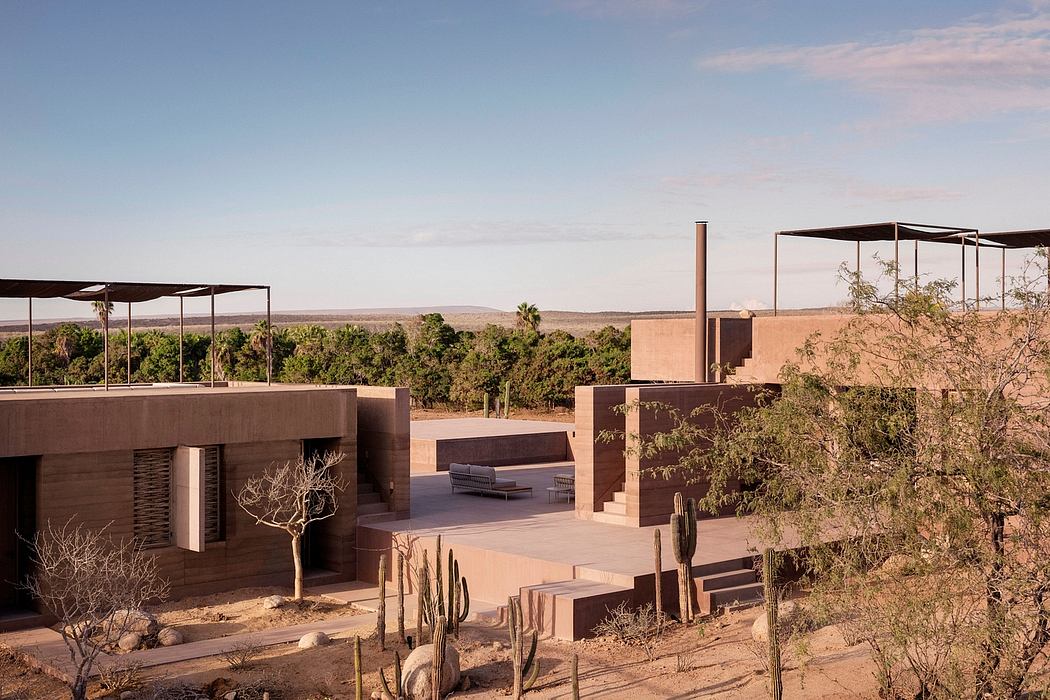 Modernist desert architecture with cantilevered roofs, cacti, and distant views.