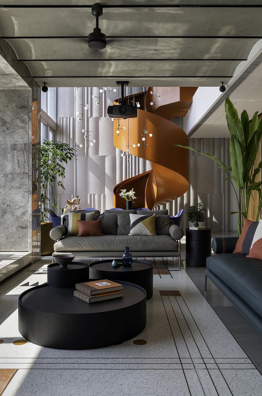 Sleek, modern living room with sculptural lighting, concrete walls, and metallic accents.