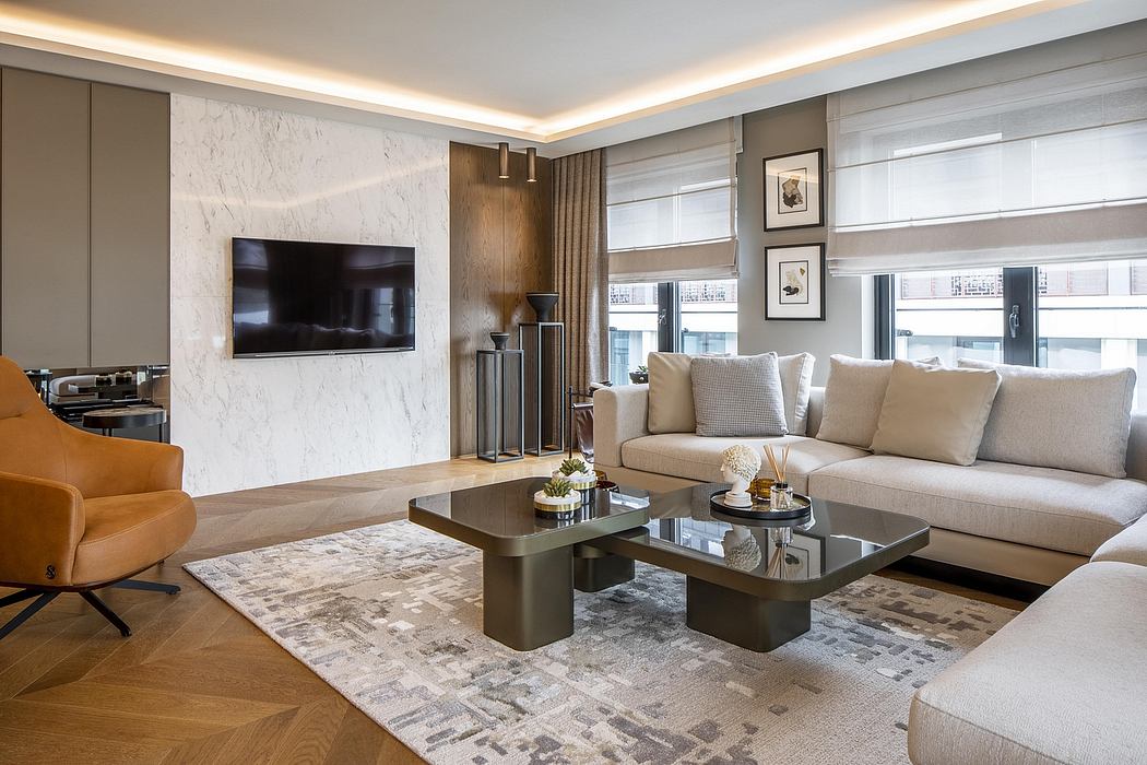 Sleek, modern living space with marble accents, plush seating, and statement coffee tables.