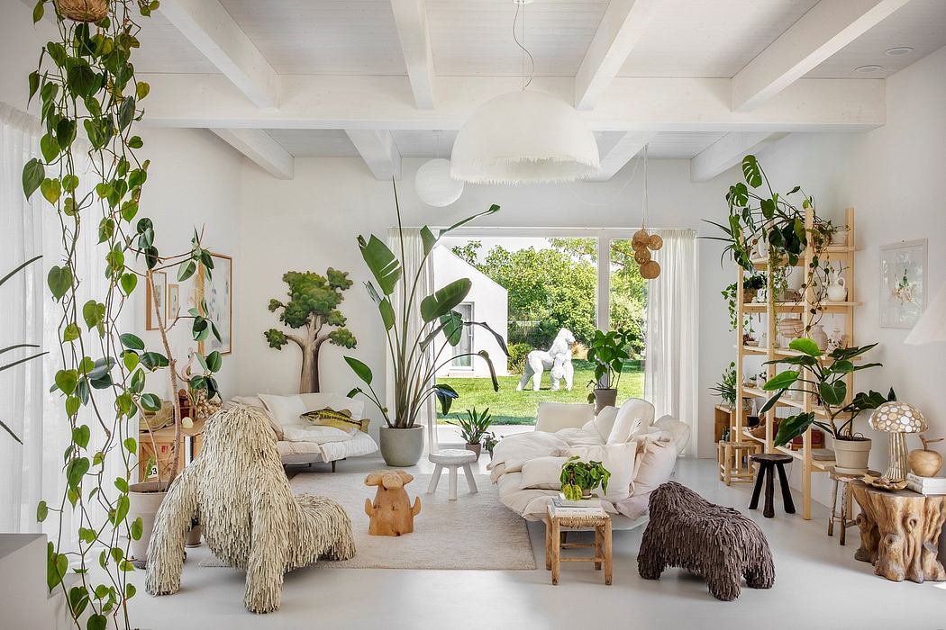 Airy, plant-filled living space with high ceilings, plush seating, and natural decor.