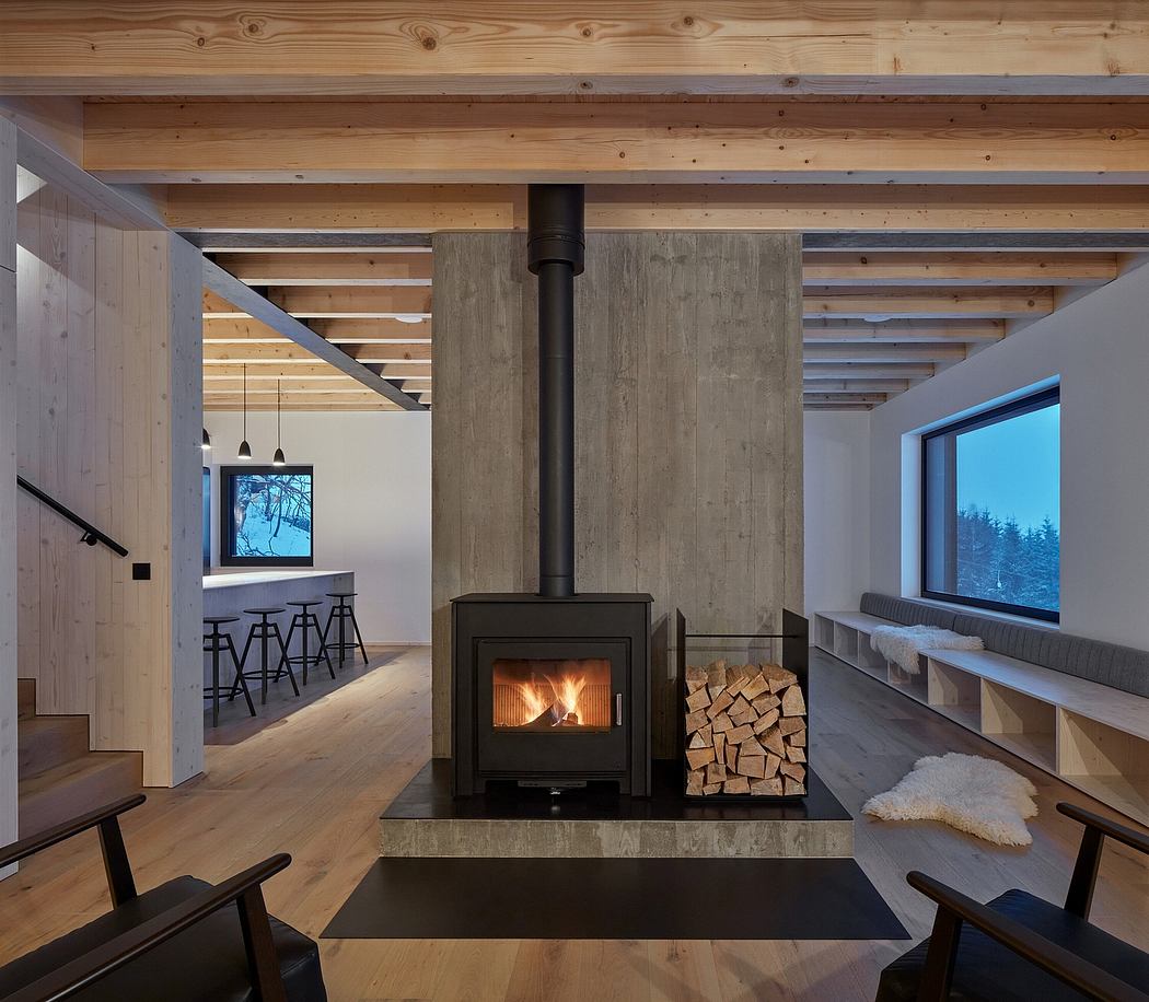 A cozy cabin interior with exposed wood beams, a wood-burning stove, and a modern minimalist design.
