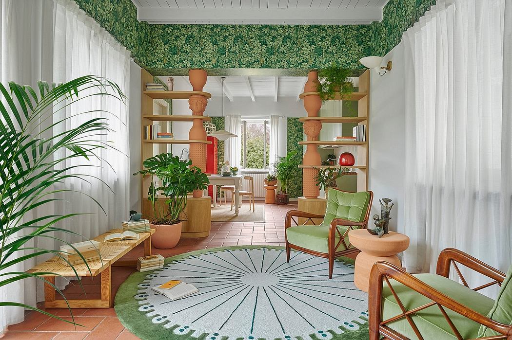 A cozy, plant-filled indoor space with natural wood furnishings and a patterned area rug.