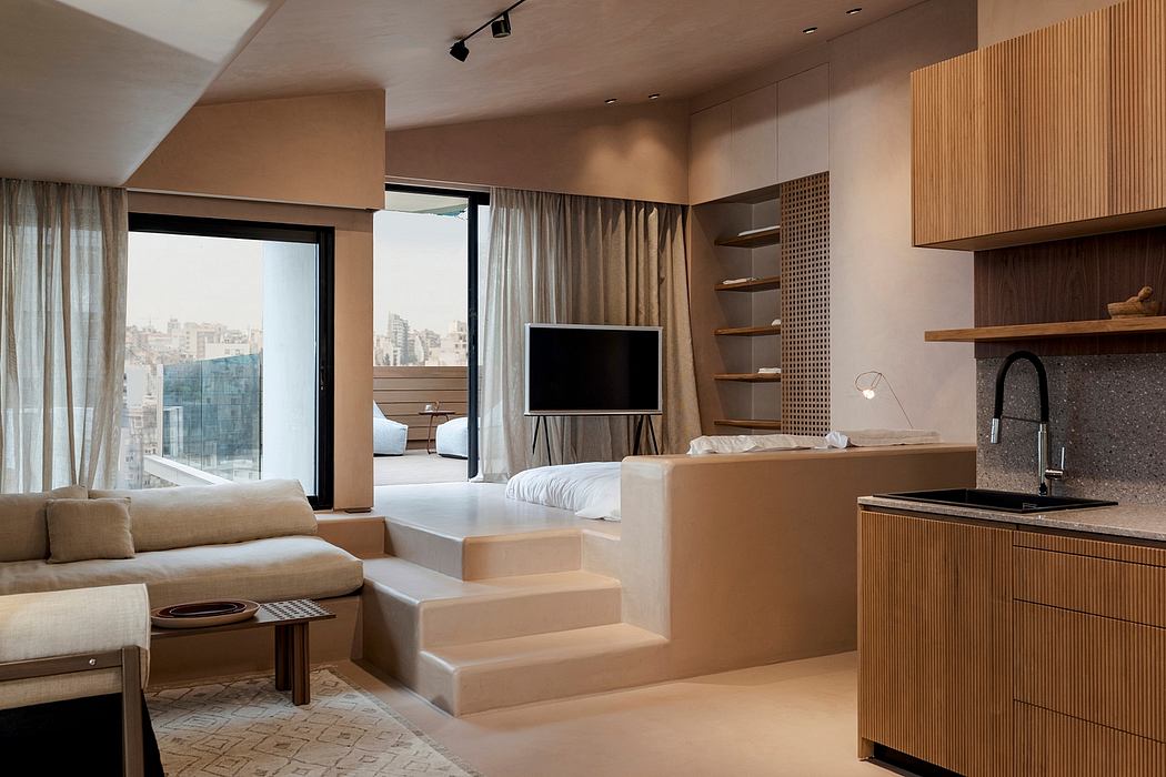 Minimalist studio apartment with raised platform bed, shelving, and cityscape view.