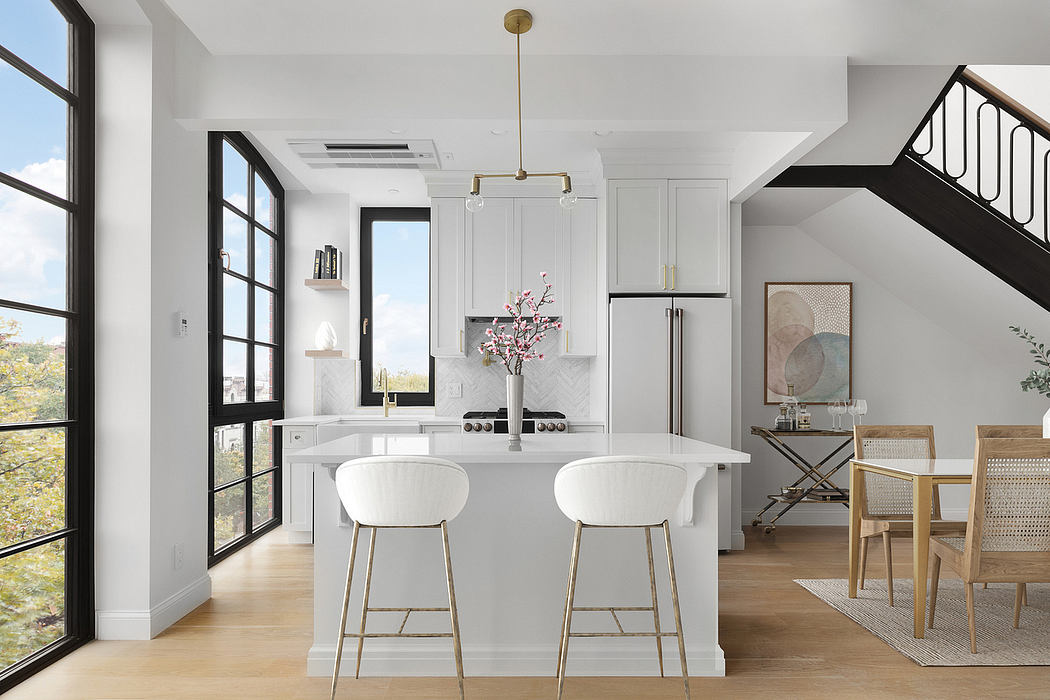 Sleek, modern kitchen with white countertops, brass fixtures, and floor-to-ceiling windows.