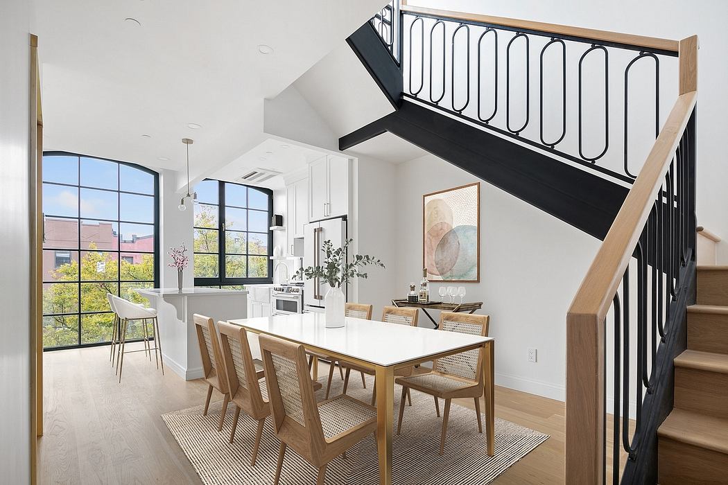 Modern dining area with high ceilings, large windows, and sleek metal stair railing.