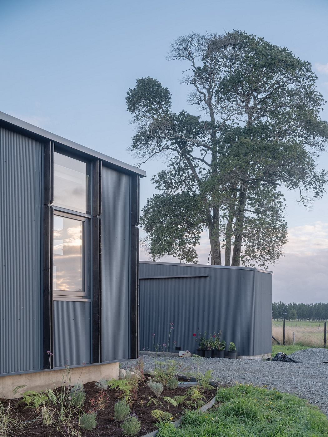 Sleek, modern building with large windows, surrounded by lush greenery and tall trees.