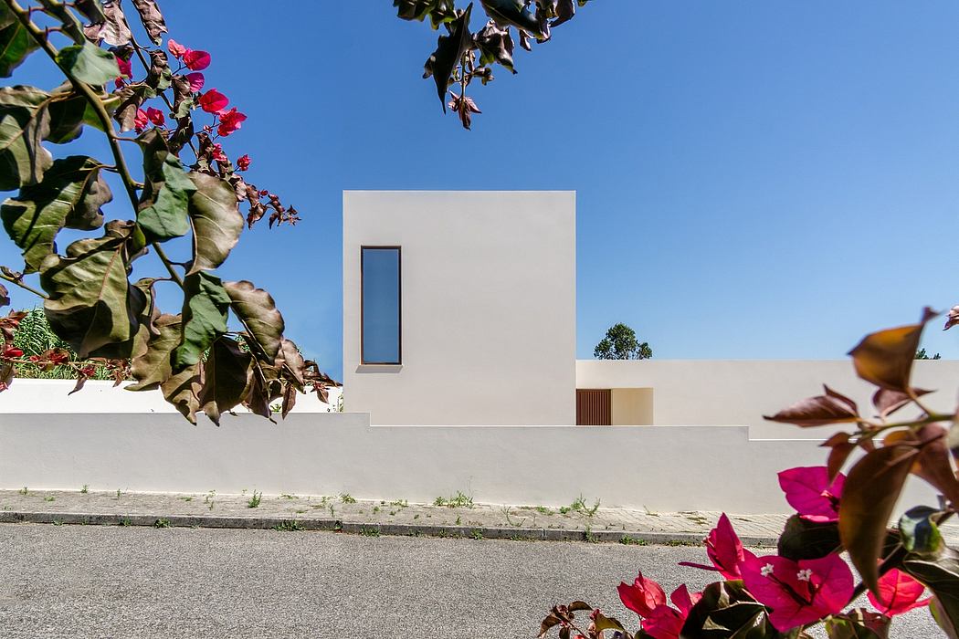 A minimalist building with a single window and a small structure on the side, surrounded by vibrant foliage.
