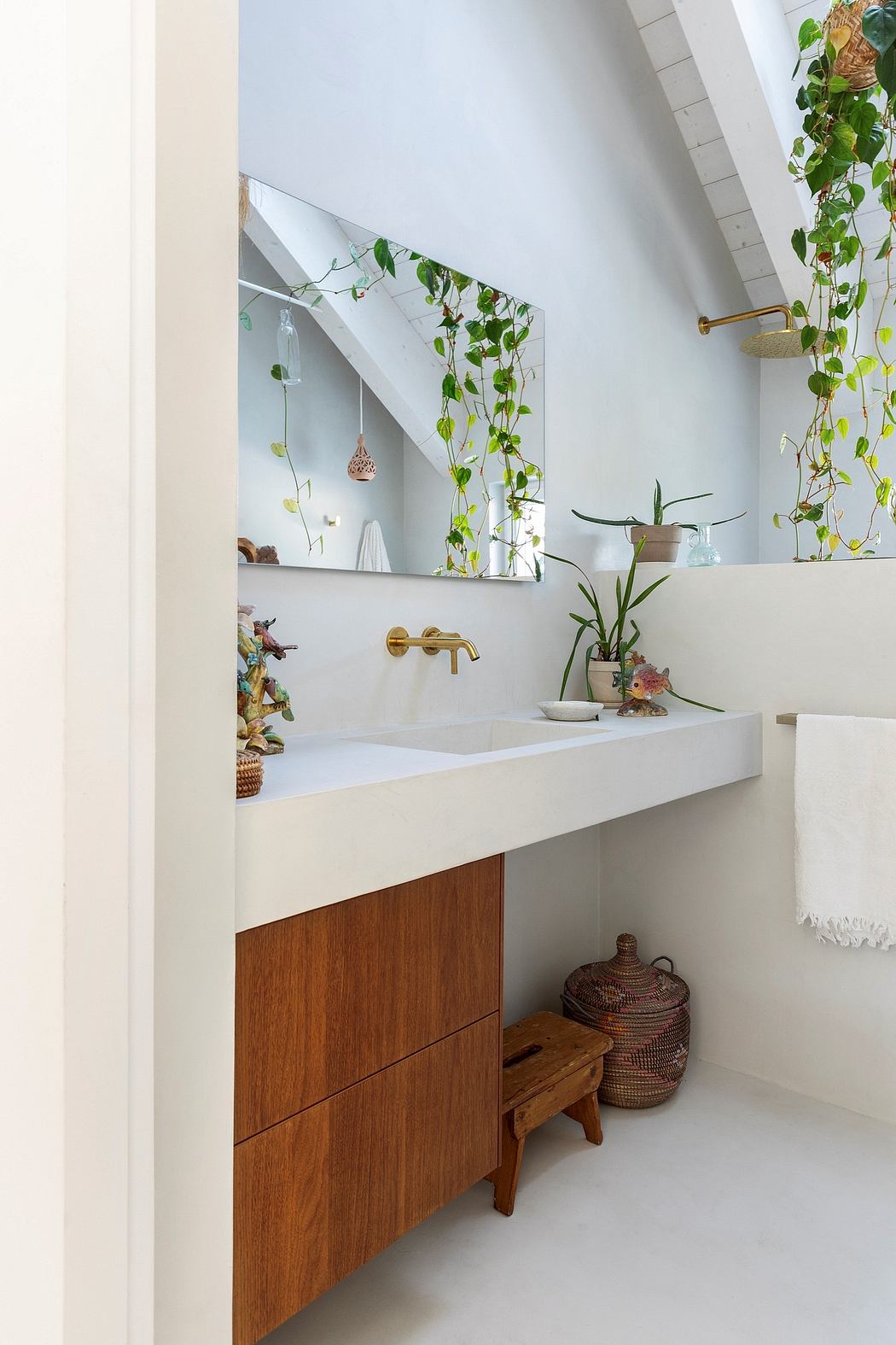 A modern, minimalist bathroom with wooden vanity, hanging plants, and decorative accents.