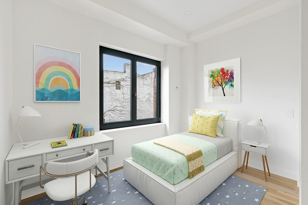 A modern, bright bedroom with a colorful accent wall, built-in desk, and minimalist decor.