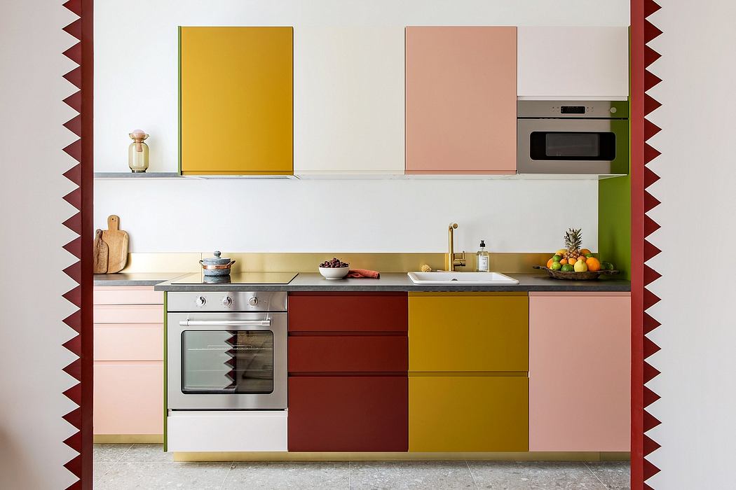A modern and vibrant kitchen design featuring bold color palettes and minimalist cabinetry.
