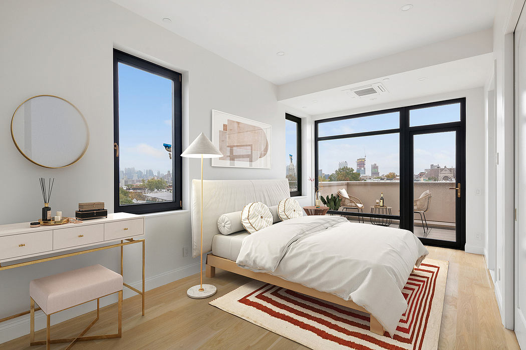 Modern, minimalist bedroom with floor-to-ceiling windows, sleek furniture, and a geometric rug.