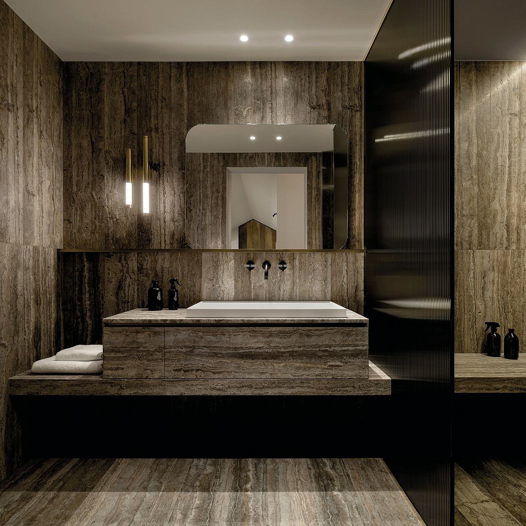 Minimalist bathroom with dark marble walls, floating vanity, and recessed lighting.