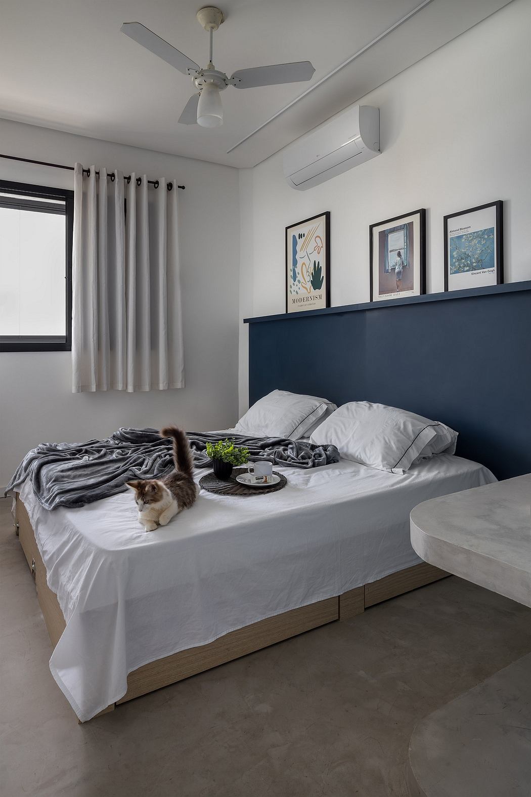 Cozy bedroom with modern gray decor, framed artwork, and a playful feline companion.