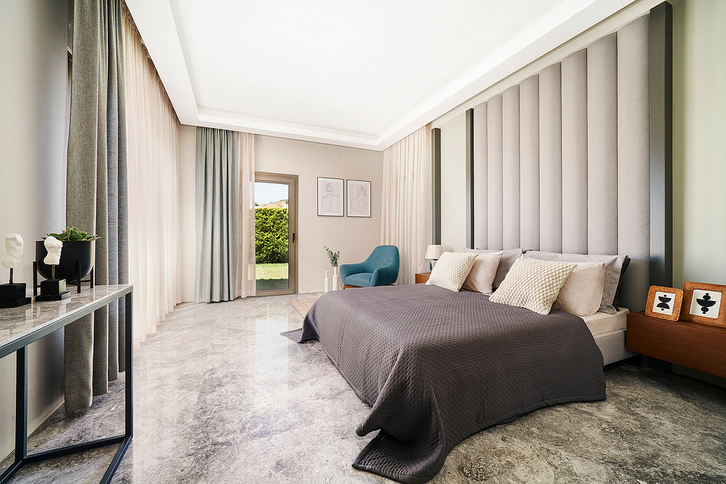 A modern, minimalist bedroom with clean lines, neutral palette, and textured accents.