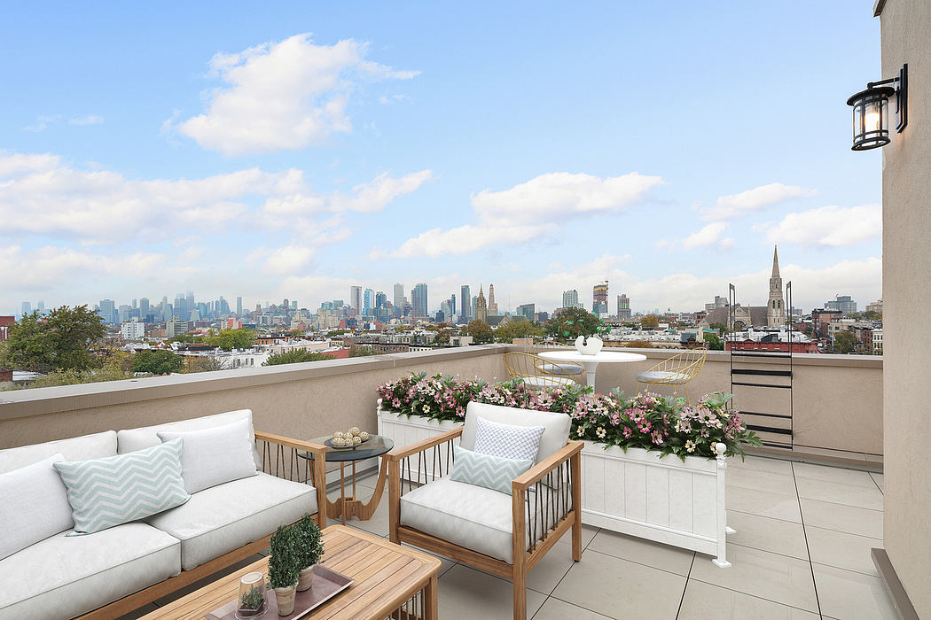 Modern rooftop terrace with plush seating, wooden fixtures, and a stunning city skyline view.