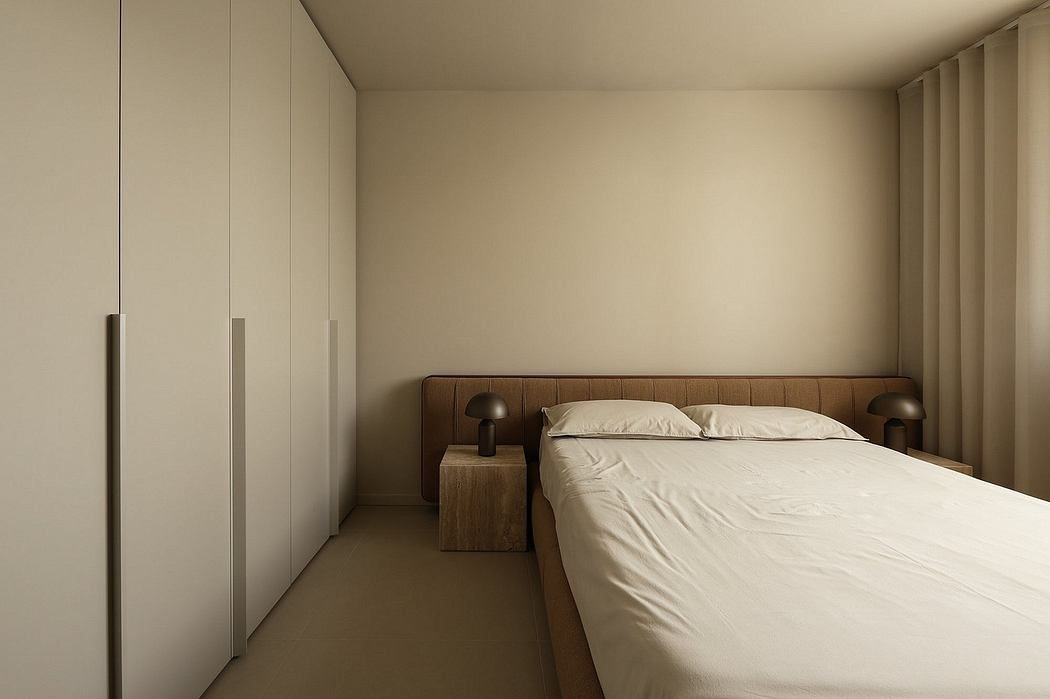 Minimalist bedroom design with warm neutral tones, wood accents, and recessed lighting.