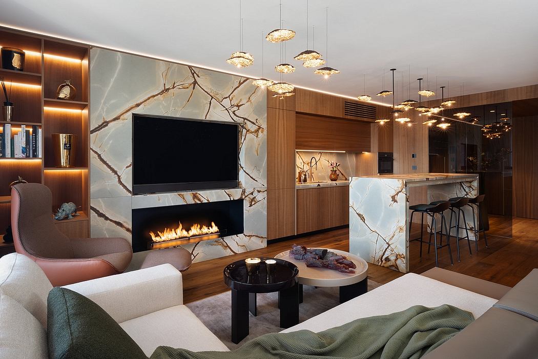 Luxurious living room with modern fireplace, marble wall, and intricate lighting.