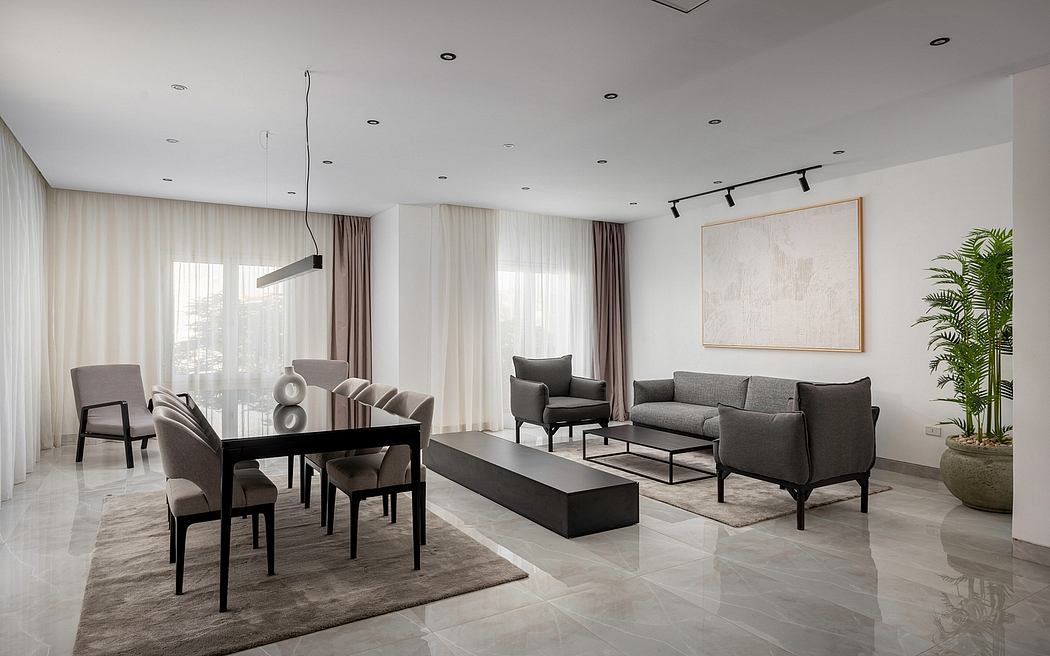 Minimalist living space with sleek furniture, contemporary decor, and abundant natural light.