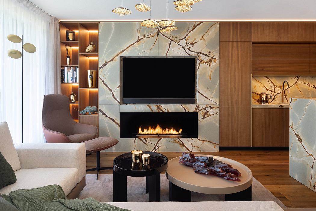 Luxurious living room with marble fireplace, wooden accents, and modern lighting fixtures.