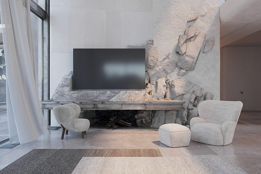Contemporary living room with stone wall, minimalist furniture, and sleek TV stand.