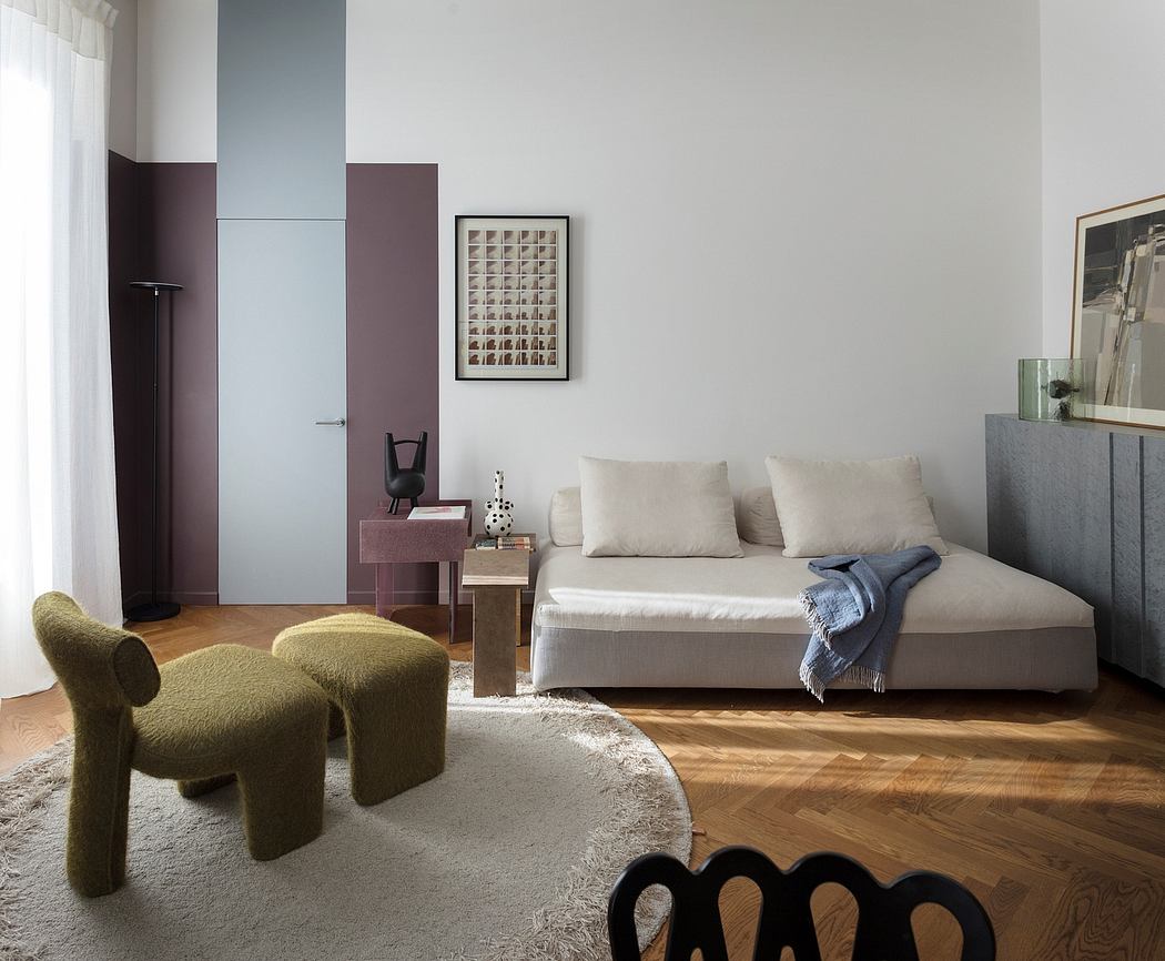 Modern minimalist living room with sleek furniture, warm lighting, and textured accents.