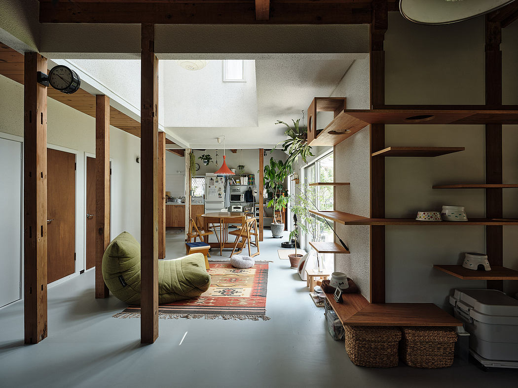 A cozy, well-designed open-concept space with a mix of rustic and modern elements.