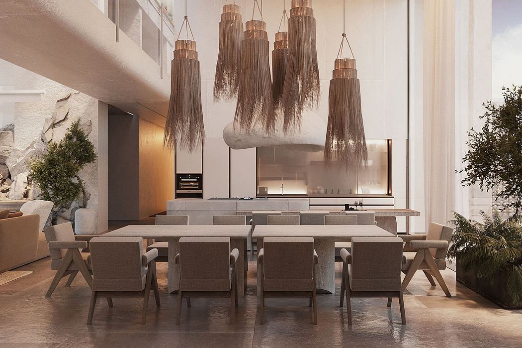 A contemporary dining room with a sculptural lighting fixture and a sleek, minimalist design.