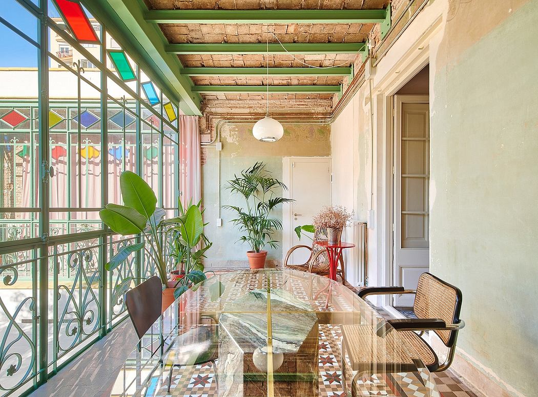 Vibrant, eclectic interior with stained glass windows, wooden beams, and colorful accents.