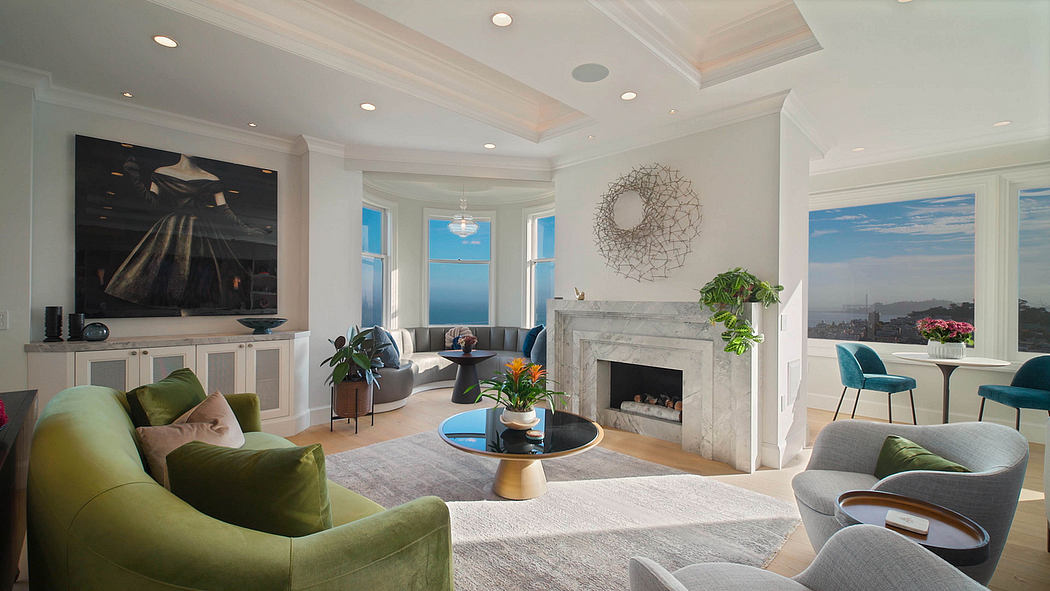 Luxurious living room with tray ceiling, bay windows, marble fireplace, and contemporary decor.