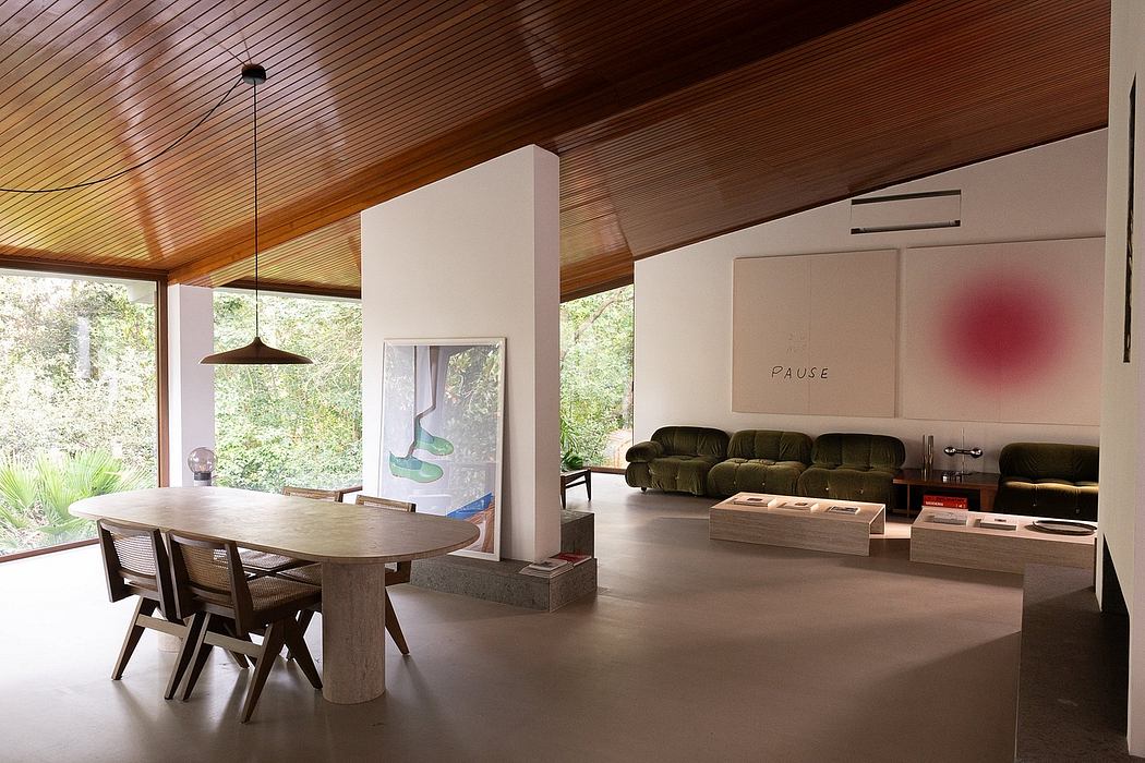 Elegant mid-century modern interior with wooden beams, white walls, and minimalist decor.