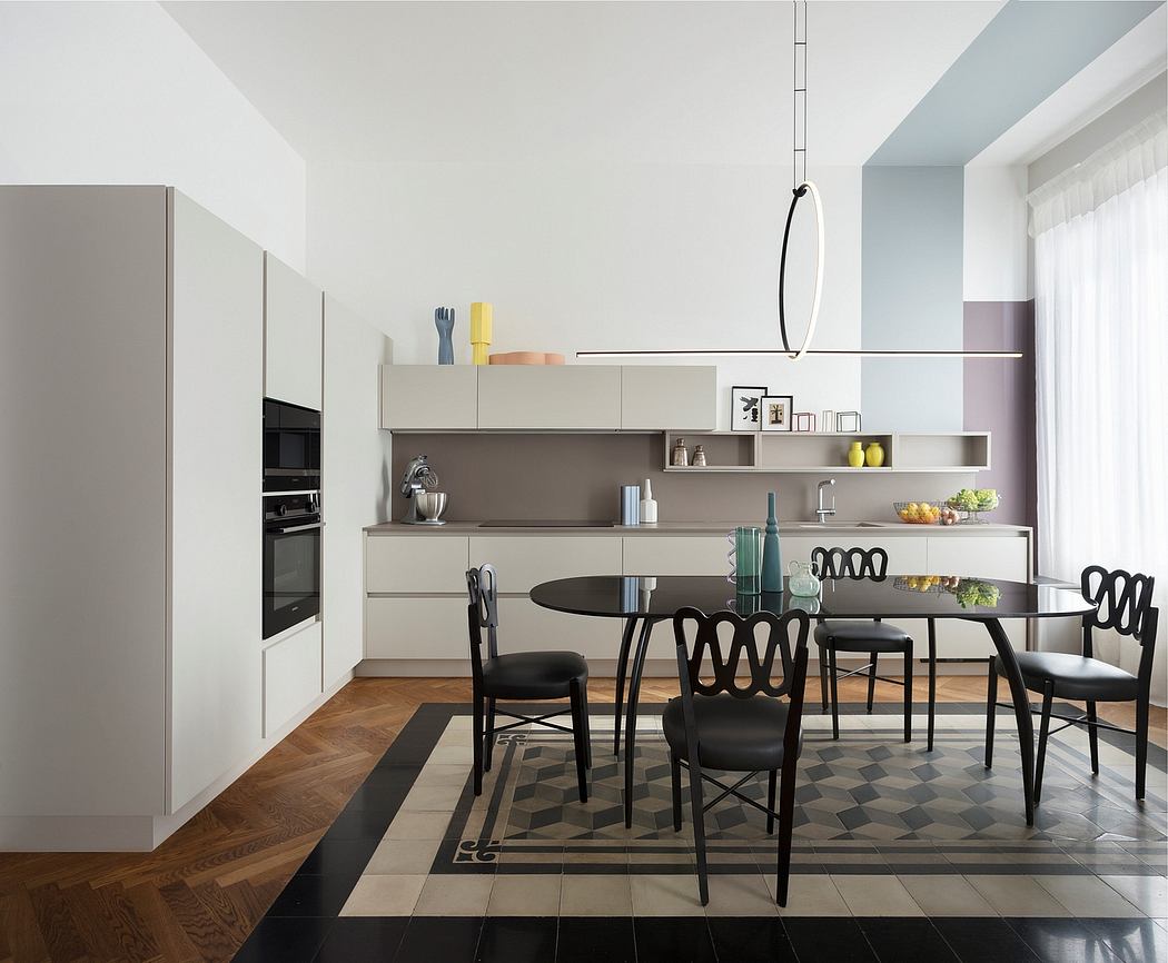 Large open-plan kitchen and dining area with sleek, modern cabinets and shelving.