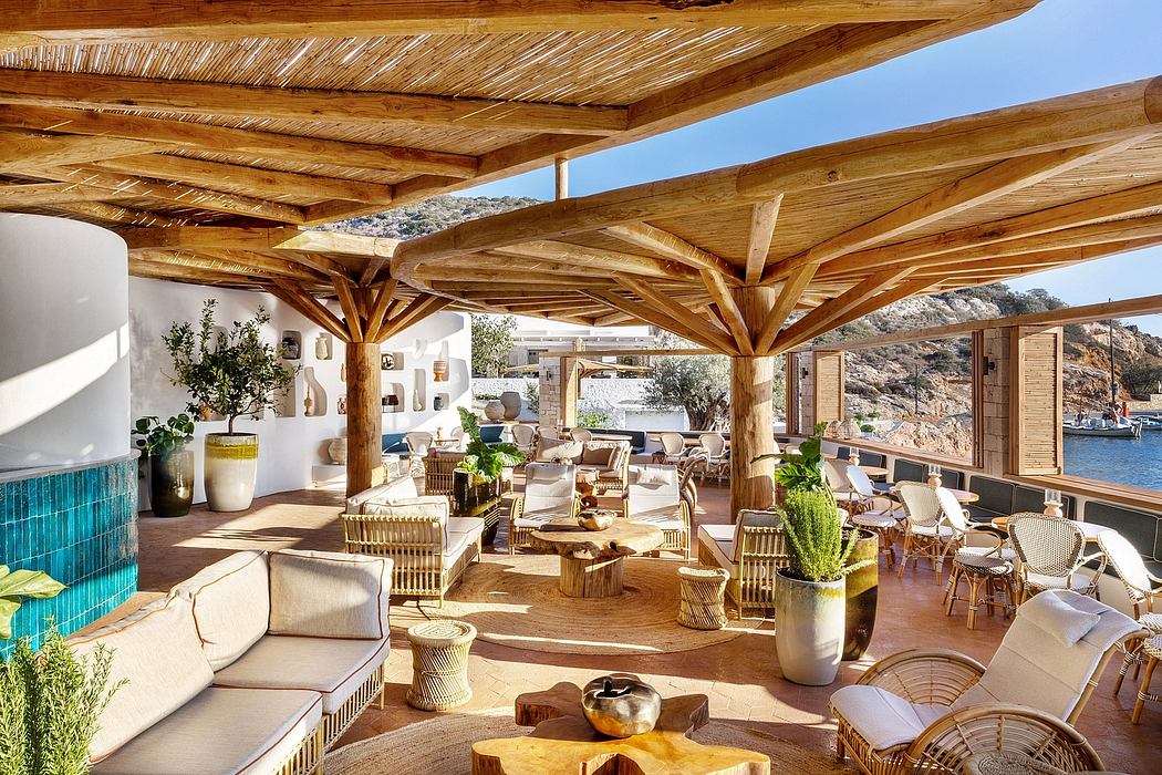 Rustic wooden beams and natural materials create a tranquil, outdoor-inspired lounge.