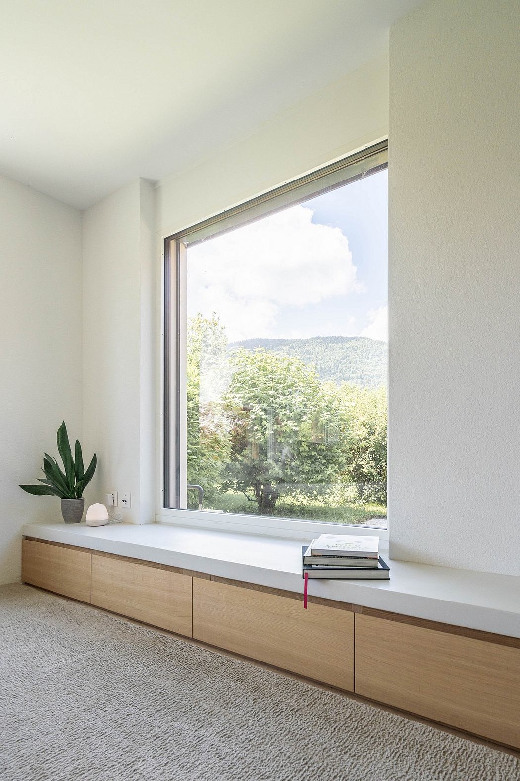 Spacious room with large window overlooking lush greenery, minimalist wood cabinetry.