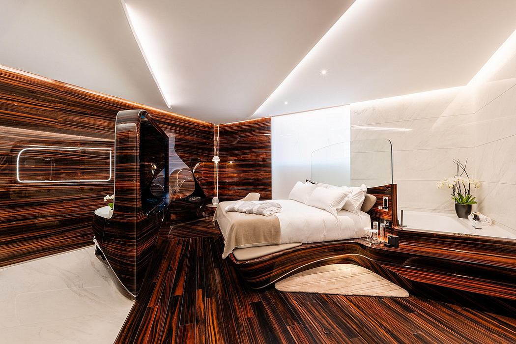 Stunning wooden paneled bedroom with modern lighting and minimalist decor.