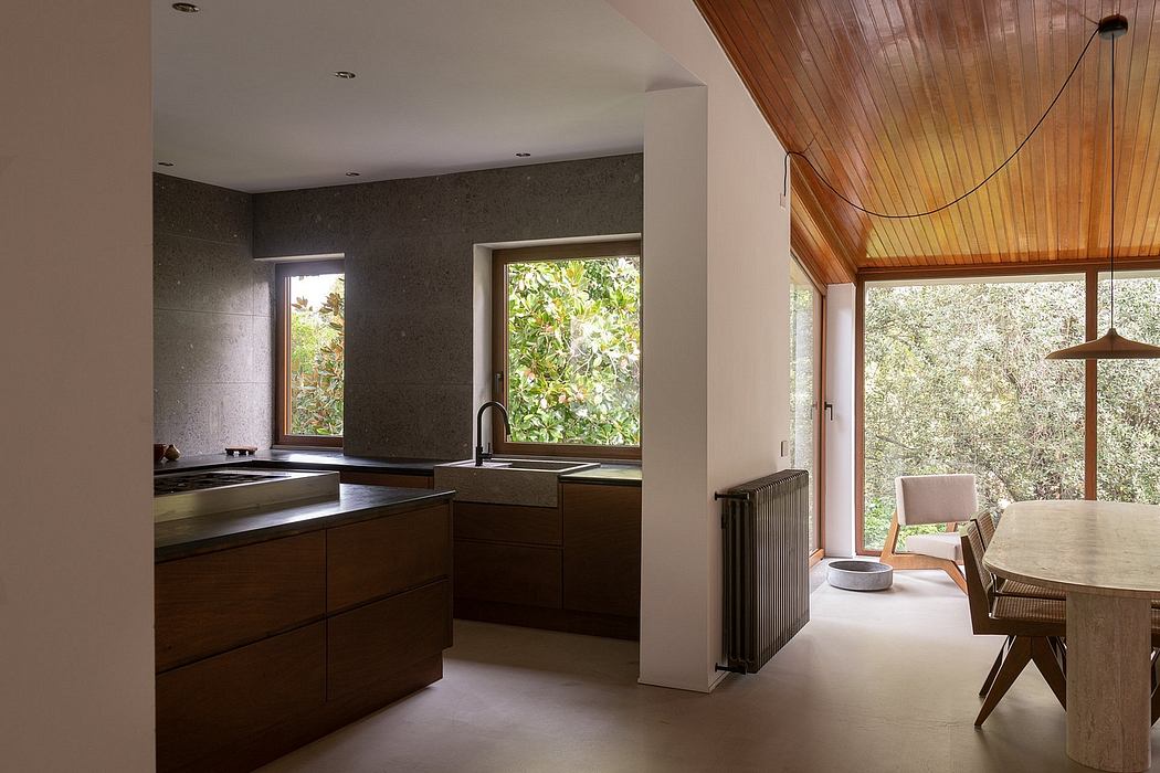 A modern kitchen with dark wood cabinets, stone countertops, and a view of the lush outdoor greenery.