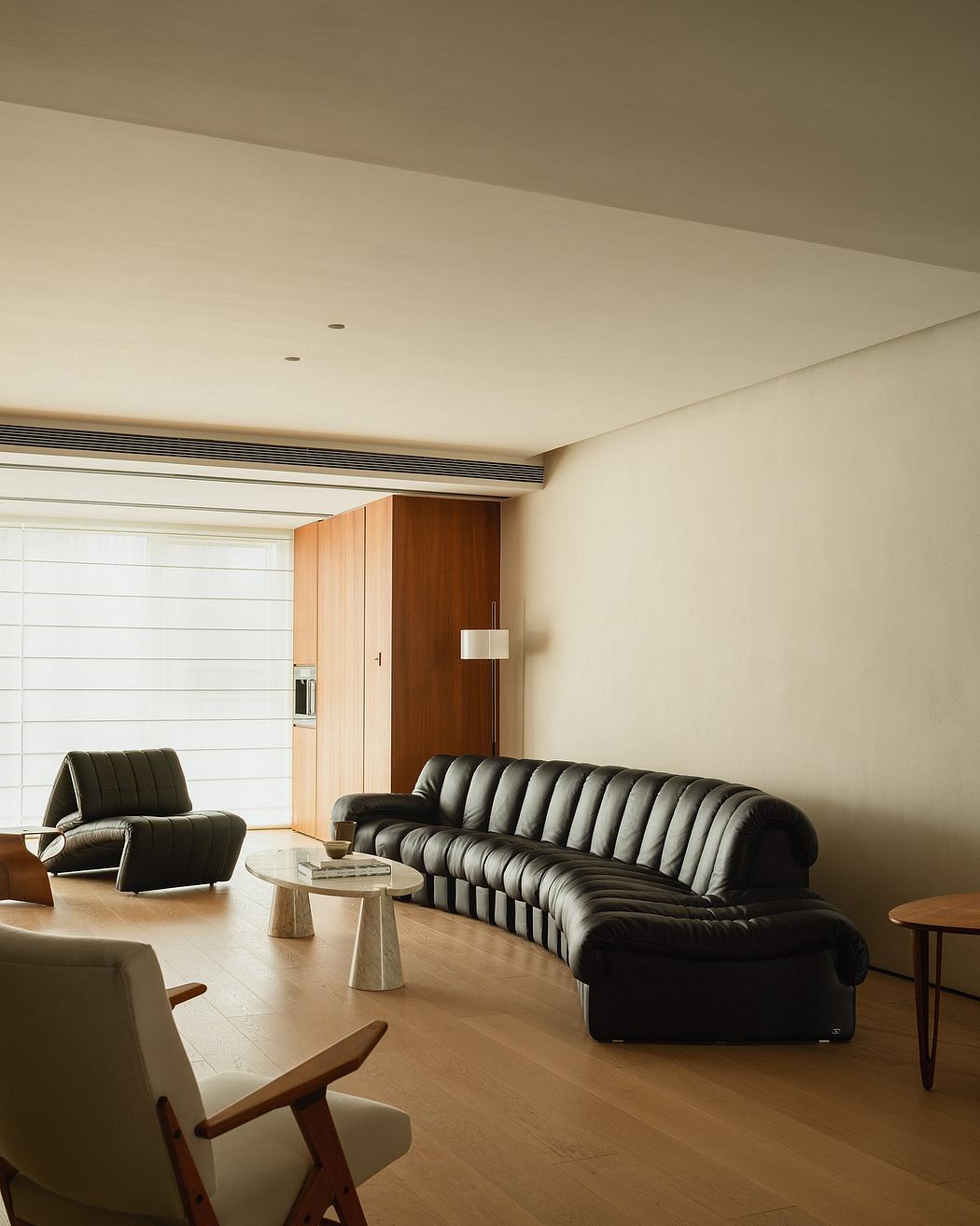 Spacious modern living room with sleek sofa, low coffee table, and wooden furniture.